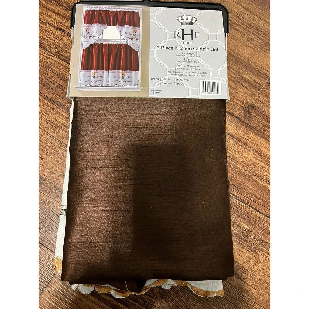 R H F Chef 3 Peace Embroidery Kitchen Curtain Set 1 Valance 2 Tiers New
